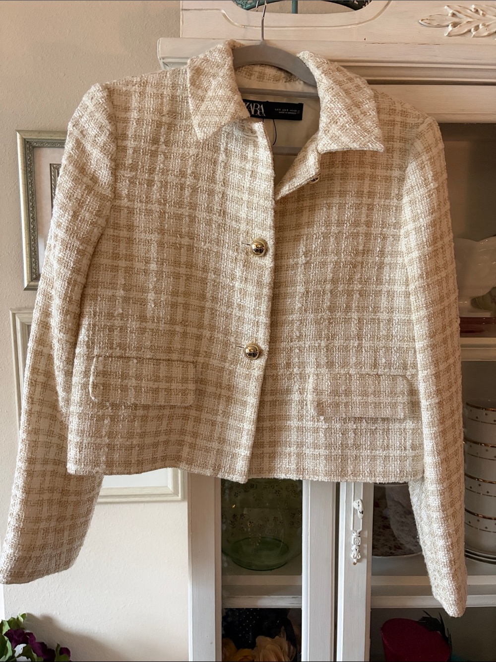 Zara New Cropped ecru /tan checkered plaid tweed textured cropped blazer small